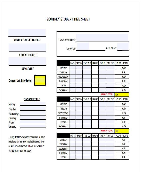 monthly student timesheet