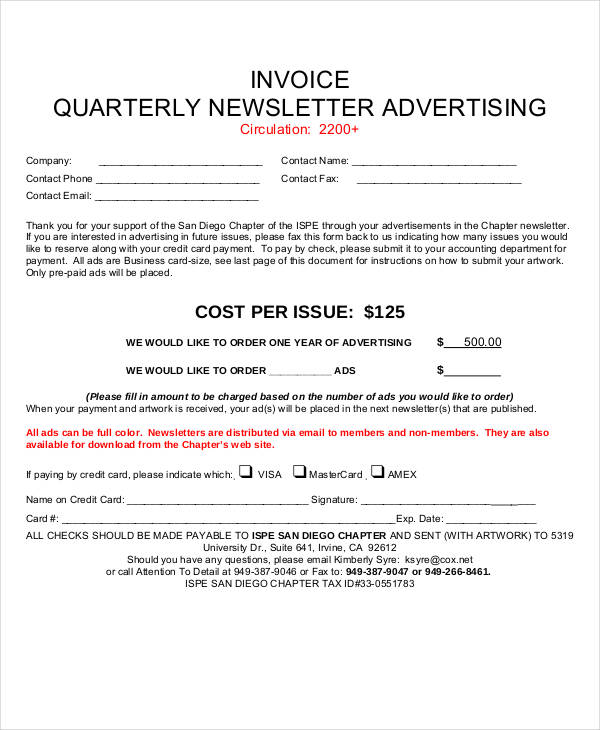newsletter advertising invoice