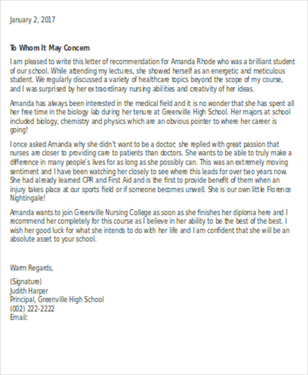 Nursing Reference Letter Template