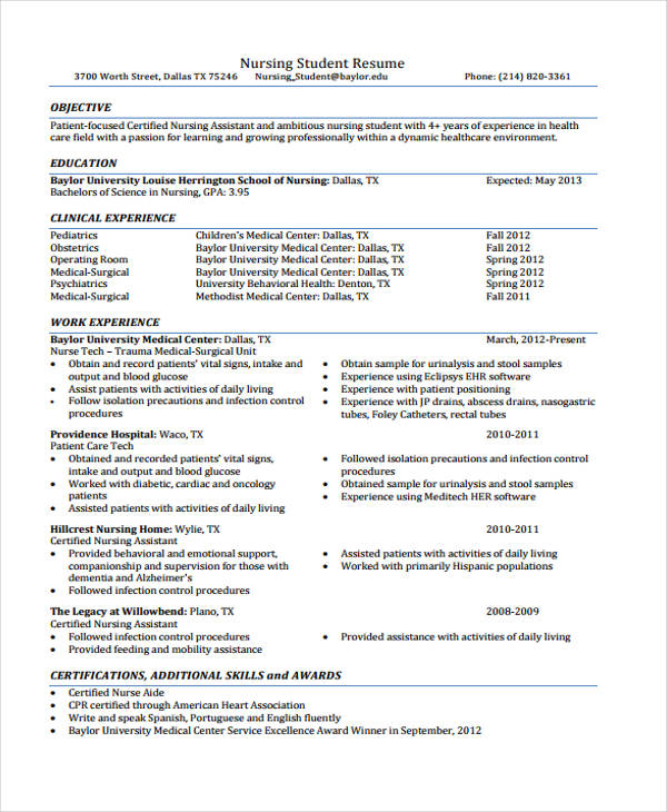 nursing student resume
