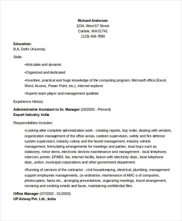 office administrative manager resume