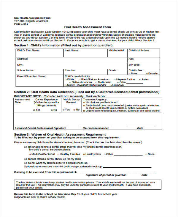 oral health assessment form