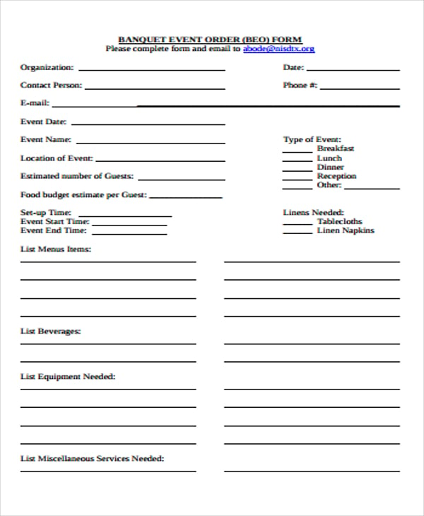order form for banquet event