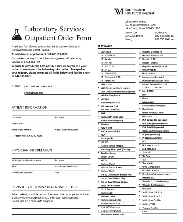 order form for lab outpatient