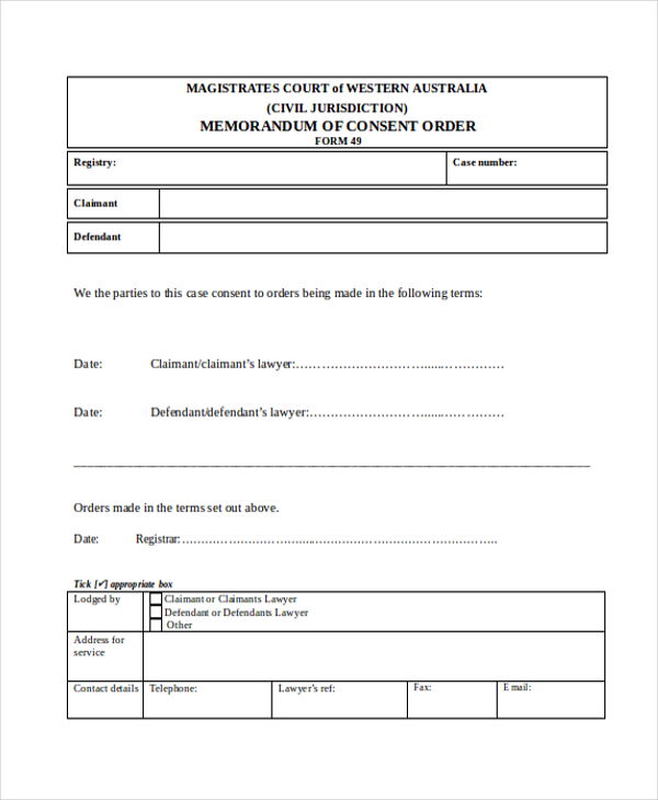 order form for memorandum consent