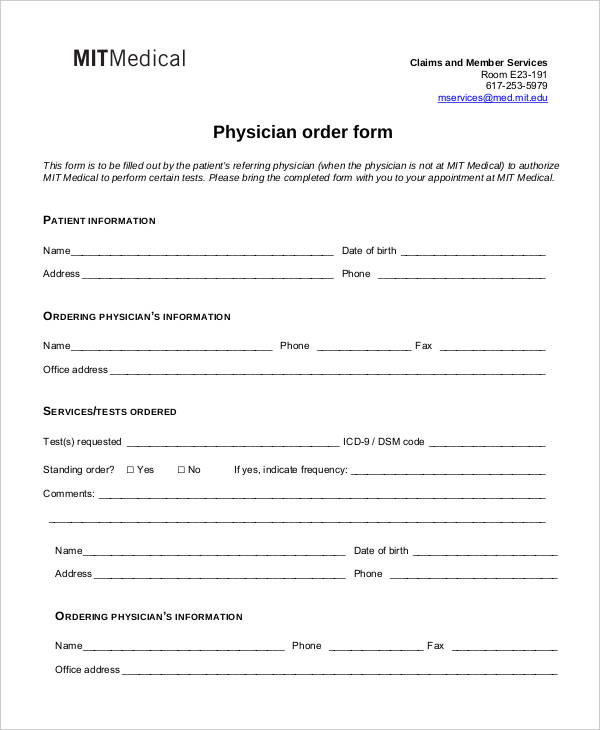 Printable Physician Order Form Template Printable Templates