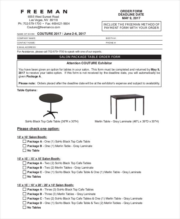 package table order form