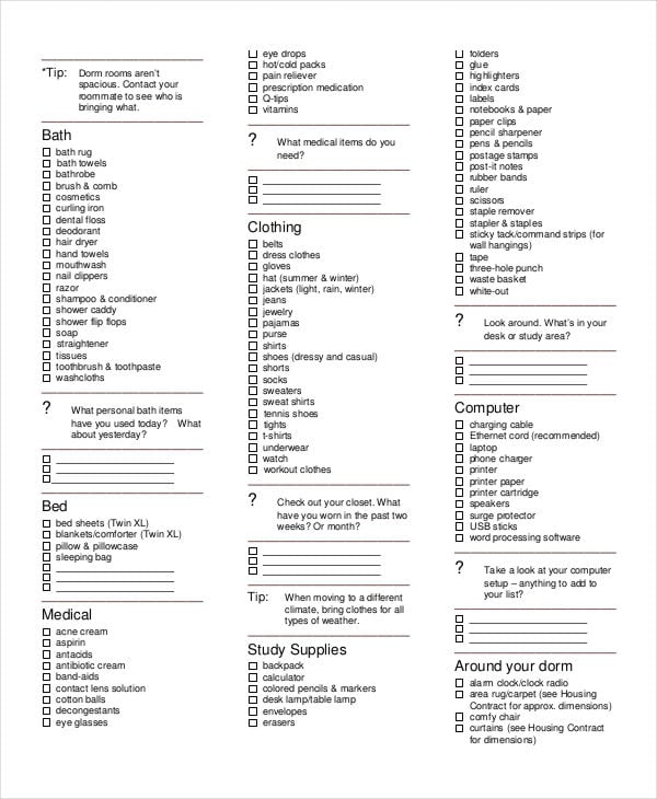 packing checklist sample