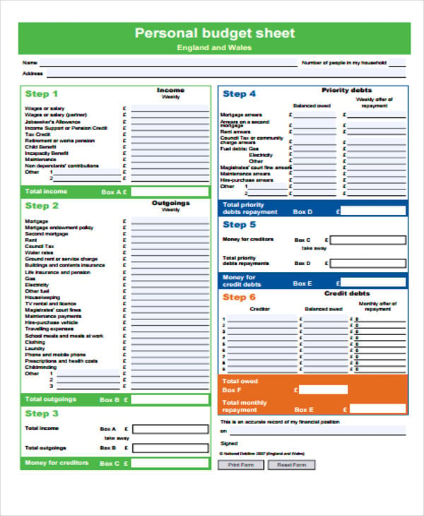 sample personal budget template