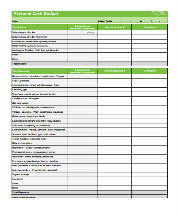 Personal Cash Flow Budget Template