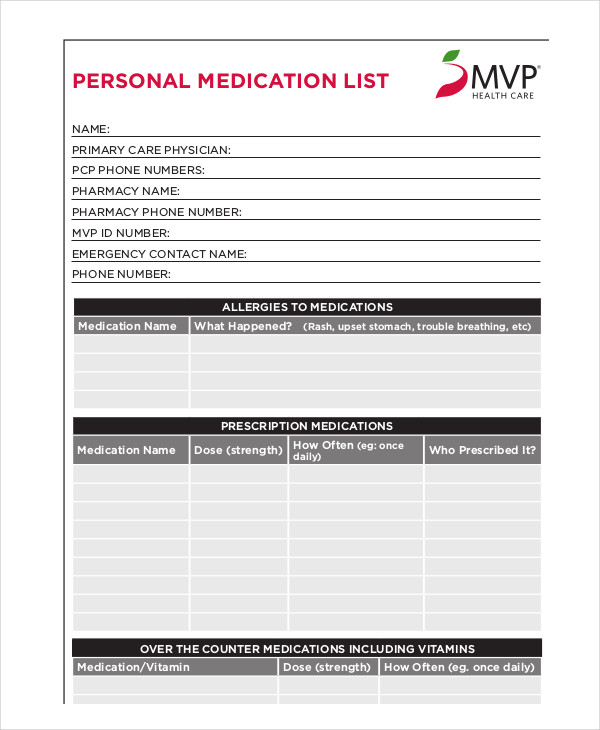 8+ Printable Medication List Templates Word Google Docs Apple