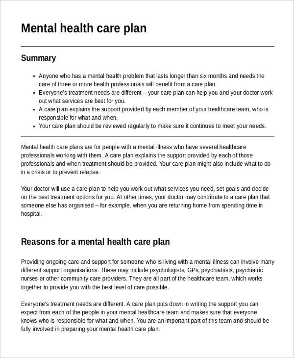 Mental Health Care Plan Template 9+ Free Sample, Example, Format Download