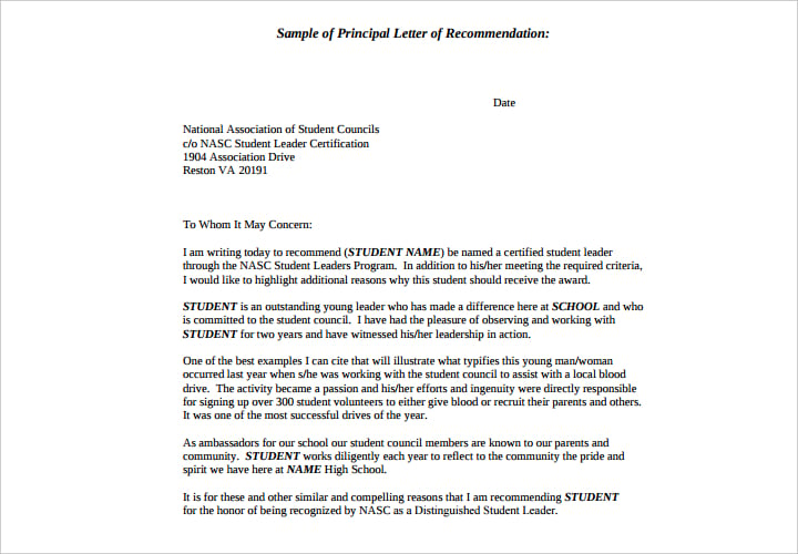 principal recommendation letter for student