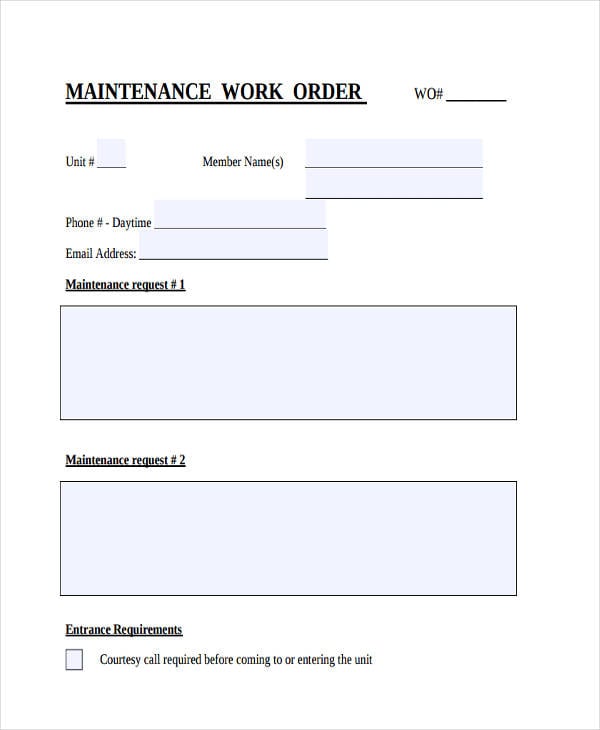 printable maintenance work order