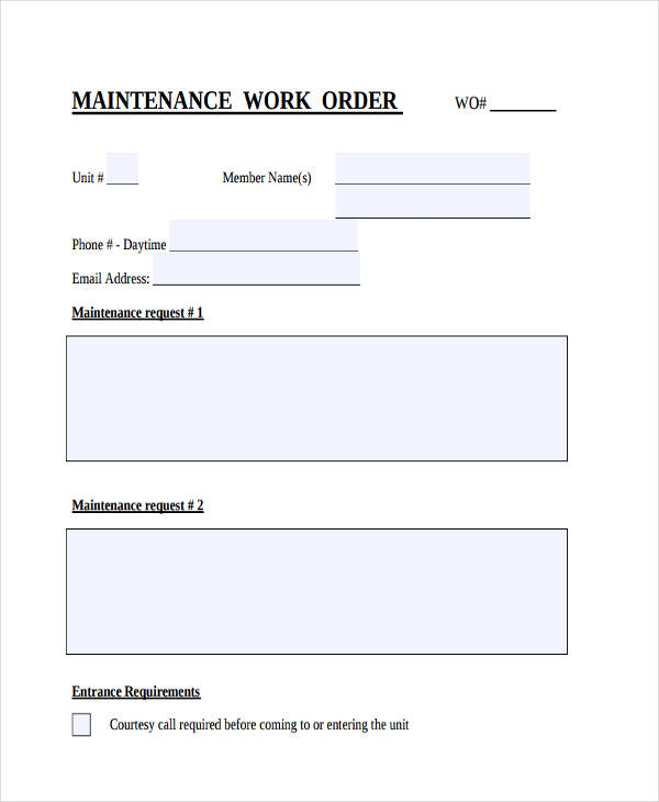 Printable Maintenance Work Order Forms Master of Documents