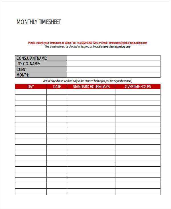 printable monthly timesheet