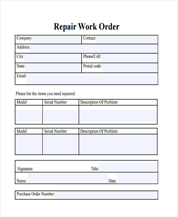 printable repair work order