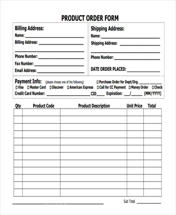 Product Order Form Template Free