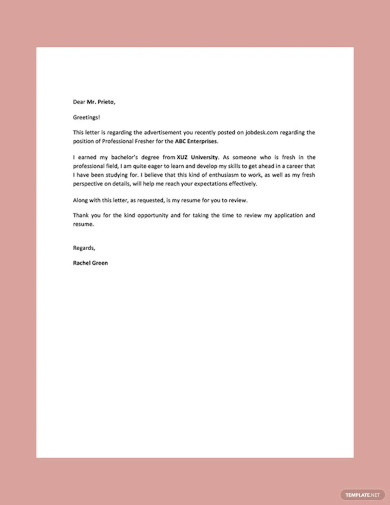 sample cover letter format for freshers