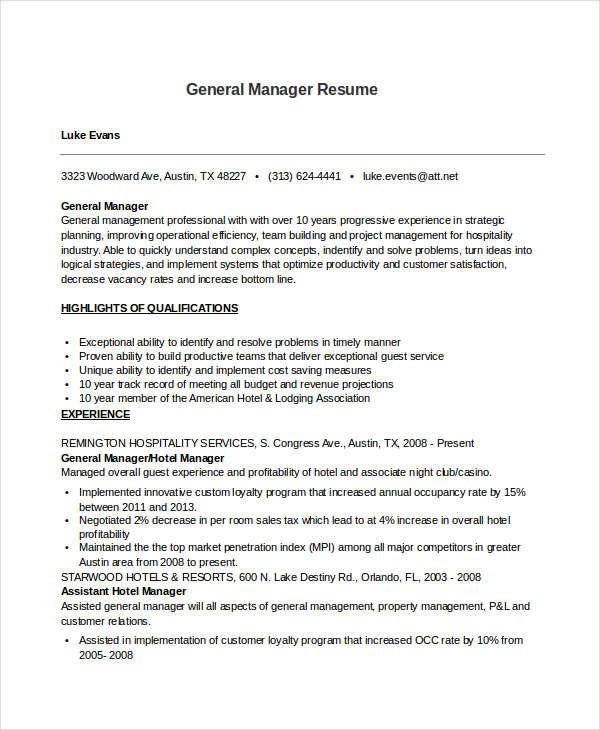 professional general manager resume