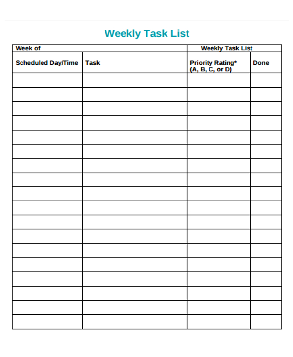 professional weekly task list