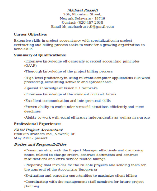 resume objective example for accounting