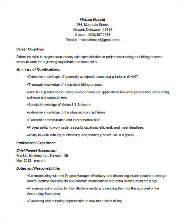 project accountant resume objective