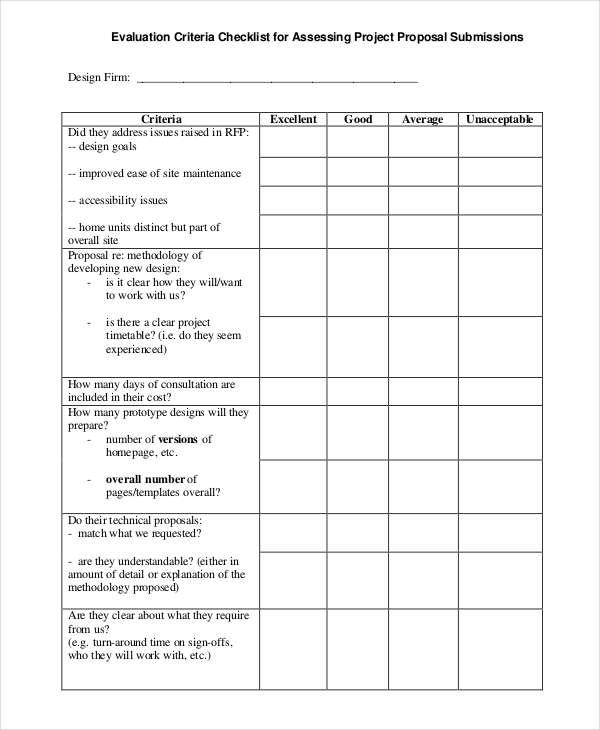 project criteria evaluation checklist