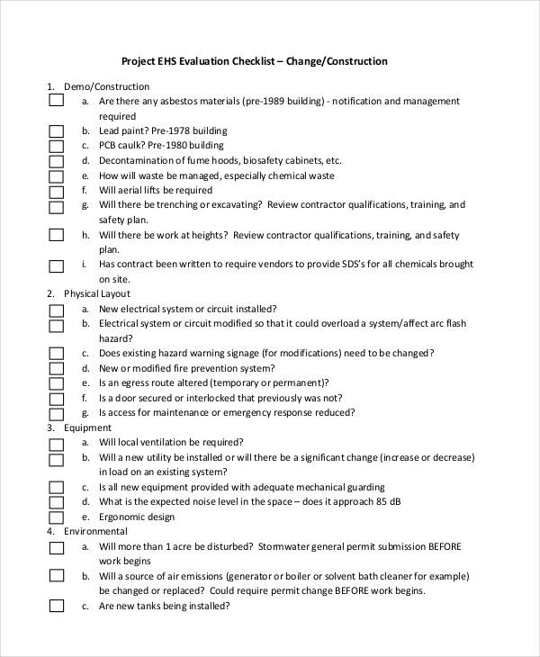 project evaluation checklist for construction