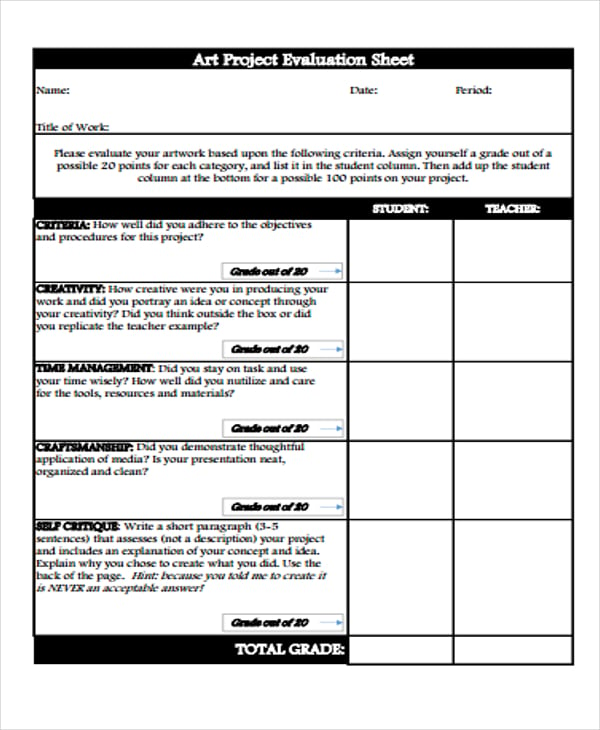 project evaluation sheet