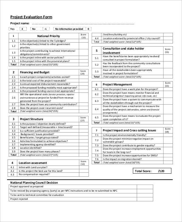 project evaluation sheet