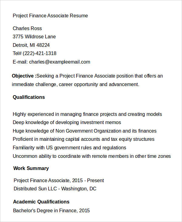 project finance associate resume