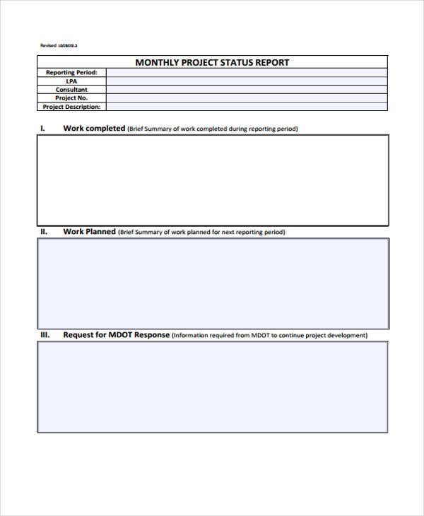 Project Monthly Status Report Template