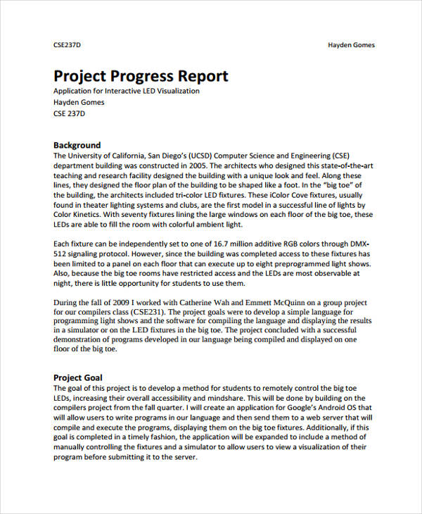project progress report sample