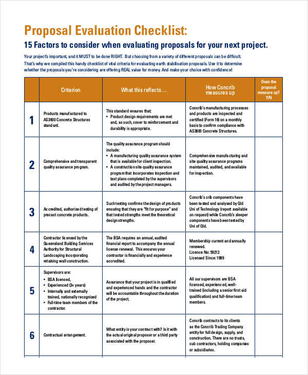 project proposal evaluation checklist
