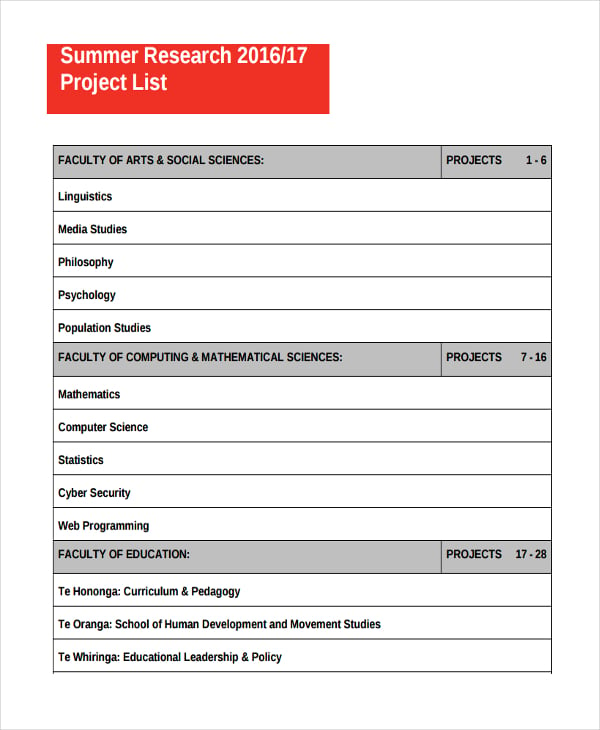 list of research projects