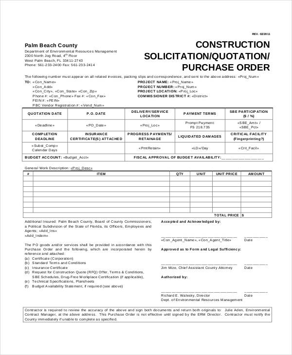 purchase order for construction company