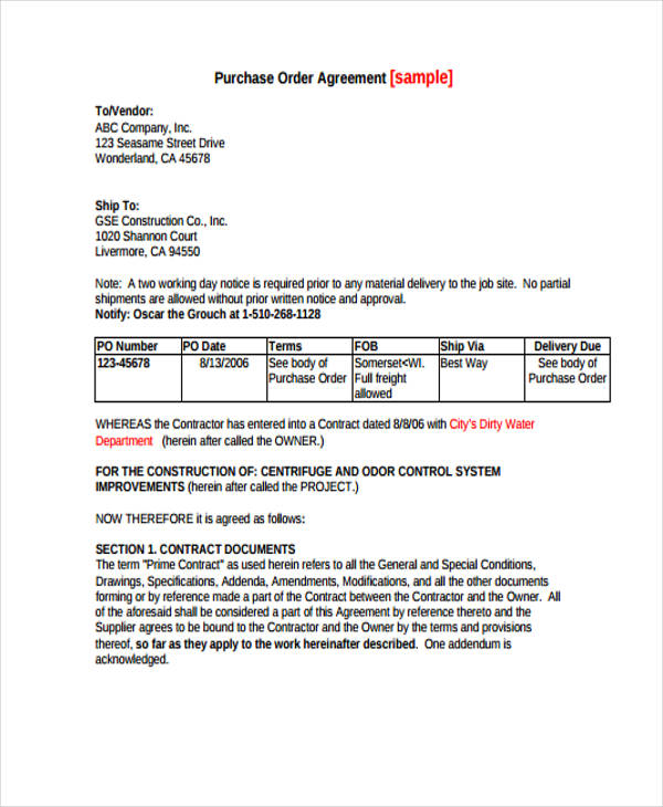 purchase order for contract agreement