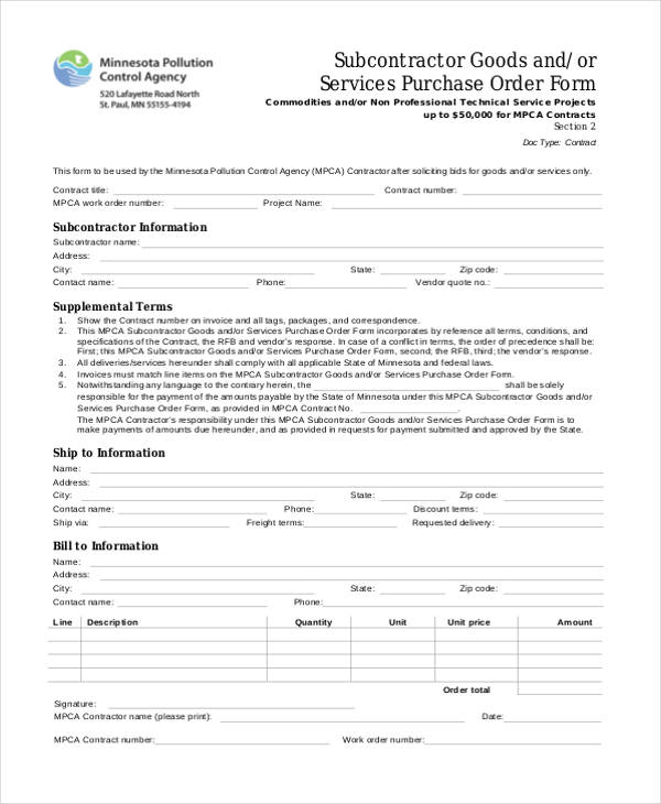 Pca Order Example 16+ Purchase Order Formats