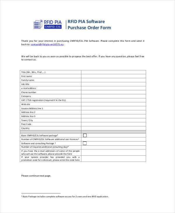 purchase order for sample software