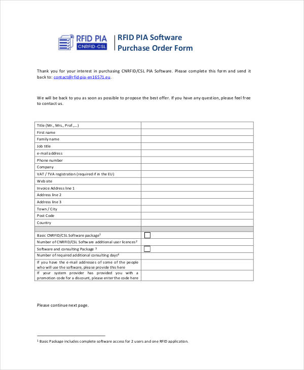 purchase order for sample software