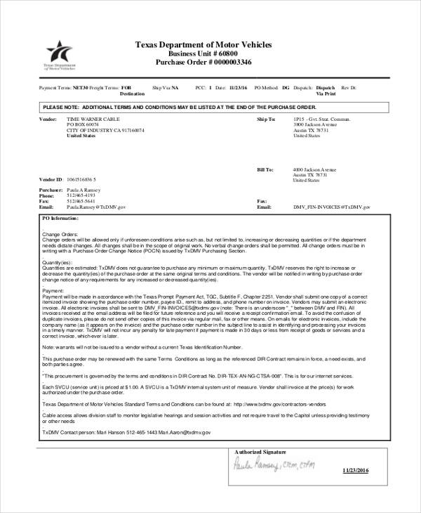 purchase order of motor vehicle