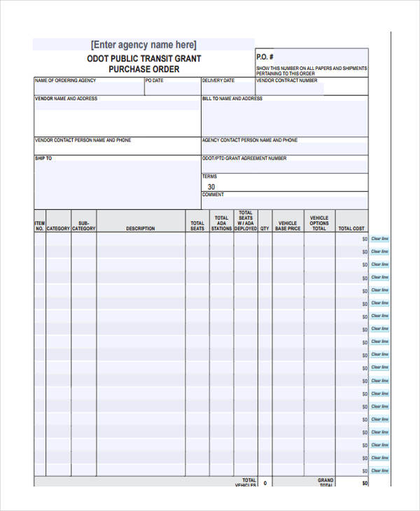 purchase order of a vehicle