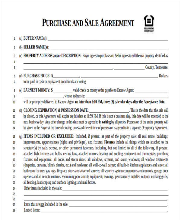 purchase and sale agreement form