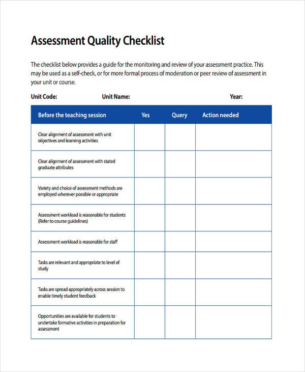 quality assessment checklist