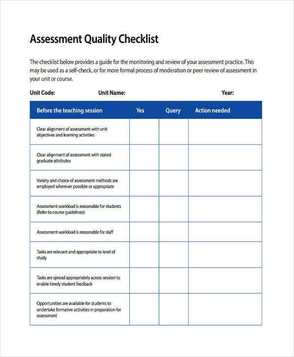 Assessment Checklist Template 11 Free Word Pdf Format Download 