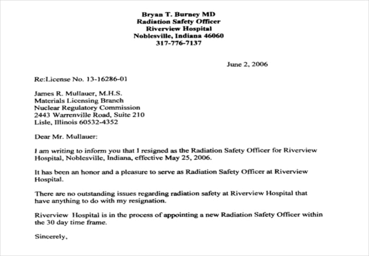 radiation safety officer resignation letter example