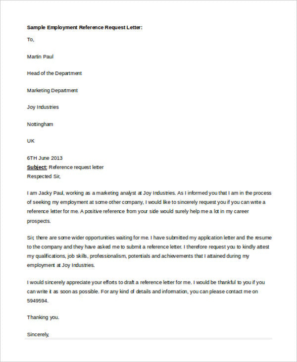 request letter for employment reference