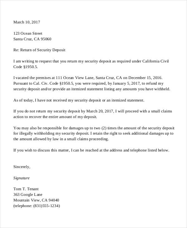 Deposit Refund Request Letter Sample