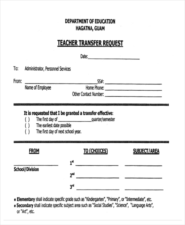 request letter for teacher transfer
